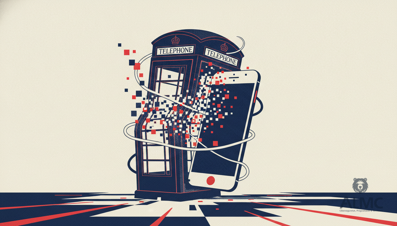 Cabina telefónica clásica transformándose en un smartphone moderno.