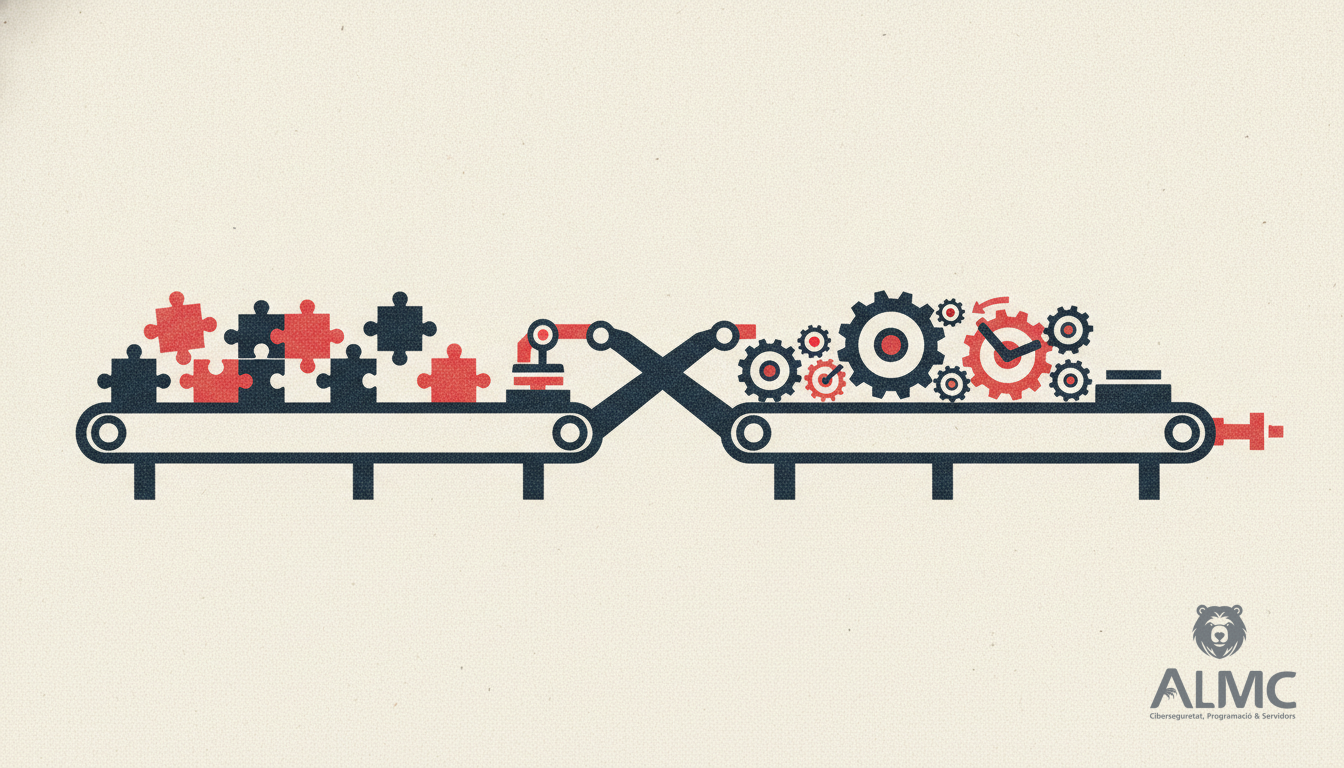 Two conveyor belts merging into one streamlined assembly line with puzzle pieces and gears