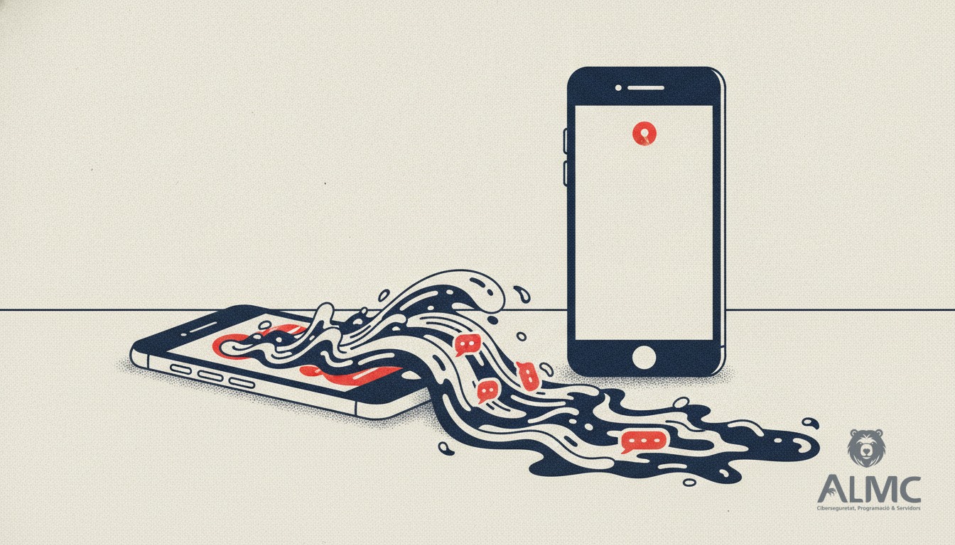 Dos móviles: uno con mensajes desbordados y otro con una sola notificación, comparando app y API.